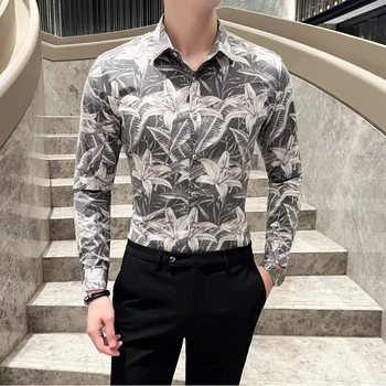 2023 Есенни ризи с цветя, Мъжки Ежедневни ризи с дълъг ръкав Slim Fit, високо качество на бизнес ризи за социален живот, блуза, за светска смокинг
