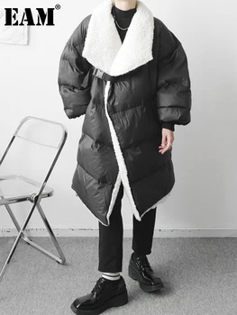 EAM, Дълго Черно палто, с памучна подплата на Големия Размер, С Дълъг ръкав, Свободно намаляване, Женски паркове, Модни Новост, Есен-зима 2023 1DF0909
