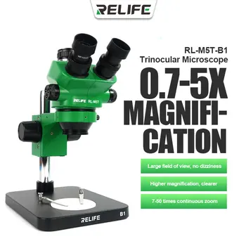 RELIFE-Стереотринокуляр за запояване печатни платки Perbaikan, RL-M5T-B1, 7X-50X Увеличение на Микроскопа Berkelanjutan, 100 мм