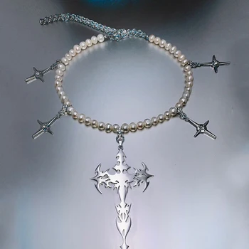 Аксесоари в готически стил, перлена огърлица с отложено във формата на кръст, гръндж-чокер, пънк-окачване, колие за жени, Корейската мода бижута в стил Рок
