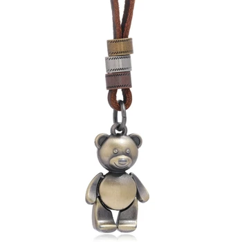 Аксесоари в ретро стил, прост медальон с анимационни мечка, дълго колие от телешка кожа