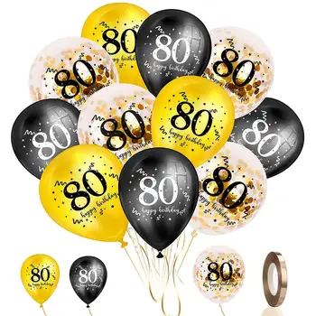 Балони на 80-ия Рожден Ден на 30 Бр 12-Цолови Черни и Златни Балони От Латекс с Конфети, Балони На 80-та Годишнина на Парти Декор за Доставка