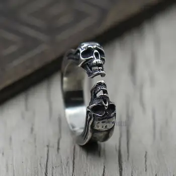 Бижута от сребро S925, Персонални Издълбани Череп, Пръстен за Отваряне на Черепа, Тайское сребърен Ретро-пръстен за мъже и жени