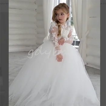 Бяло Елегантна Сватбена рокля с цветя модел за момичета, расшитое 3D мъниста, атласное плиссированное рокля трапецовидна форма за рожден Ден, топката Принцеса рокля за Първо причастие