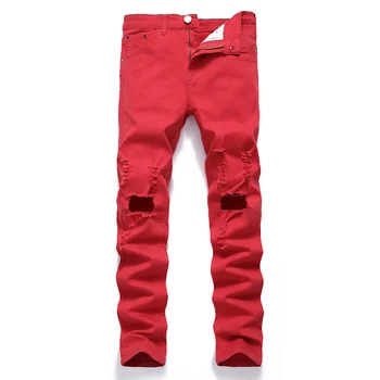 Високи улични Преки дънкови джинси с дупки до коляно, Прави Тънки червени Дълги дънки, Модерен мъжки панталони за просяци, панталони в стил хип-хоп, големи размери