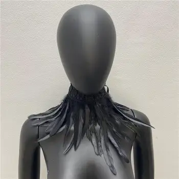 Дамско Черно Колие с пера, секси, завързана за носене на врата, пънк-наметало, Шал, Вечерни Косплеи, Естествено перо свързани с фалшива яка