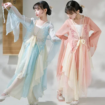 Детска газова облекло за класически танци, елегантни облекла за танци, облекла за тренировки за момичета, китайски танц на фен