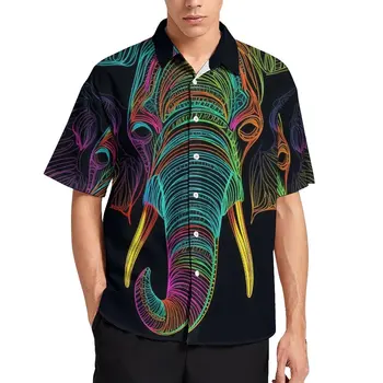 Ежедневна риза Elephant Line Art Неон Свободна Риза За Почивка, Хавайски Градинска Облекло, Блузи с Къс ръкав, Дизайнерски Дрехи Оверсайз