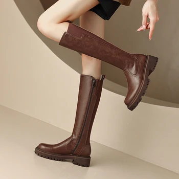 Есенни Стрейчевые дамски обувки до средата на прасците от микрофибър, 2023, Обувки на платформа със странични цип, 5 см, Кафяви Черни обувки на задържани стил, женски