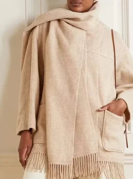 Жена полушерстяное палто с тапицерия пискюли, шал, яка, Дълъг ръкав, Свободно 2023, есенно-зимно палто с джобове