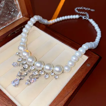 Инкрустированное кристали перлена огърлица с четка под формата на капки за жени, Луксозна верига на ключицата, Елегантни сватбени бижута от висок клас за темперамент