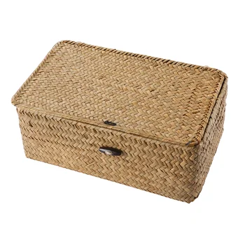 Кошница от ракита от морска трева, с капак, кошница за съхранение на ръчно изработени, гъвкав контейнер с капак за десктоп декорация на дома (: