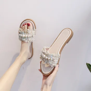 Красиви дамски чехли с перлата на декорация, Темперамент, Градинска Лятна новост 2023, ежедневни универсална дамски плажни обувки на плоска подметка с мека подметка