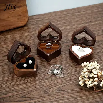 Кутия за сватбен пръстен за любов, Опаковки за съхранение на пръстените от орехово дърво, Подарък кутия, дървена кутия с форма на сърце, обеци-на карамфил, ковчег за бижута