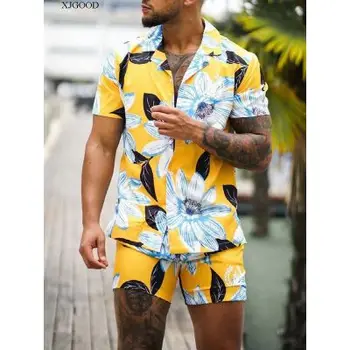 Летен мъжки комплект от две части с гавайским цветисти принтом, плажни и ежедневни риза с копчета, модни дрехи за мъже