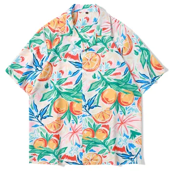 Летни Мъжки Хавайски Плажни Ризи, Мъжка Риза с къс ръкав, Блуза, Ретро Ризи с плодово-оранжев принтом, Върхове
