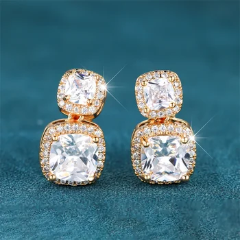 Луксозни Дамски обици с бели кристали, очарователни обеци-клипове от жълто злато с квадратна камък за жените, Реколта сватбени обици