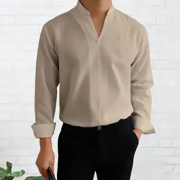 Мъжка риза, однотонная тънка универсална лятна тениска с дълъг ръкав и V-образно деколте, ежедневни облекла