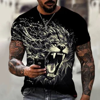 Мъжки Реколта Свободна Черна тениска с принтом лъв, Лятна Класическа Ежедневна тениска с кръгло деколте и къс ръкав, модни потници, тениска
