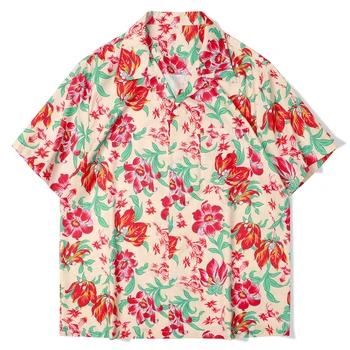 Мъжки хавайска риза с флорална принтом, Реколта риза с къс ръкав, Мода лято плажно облекло, Риза, Облекло