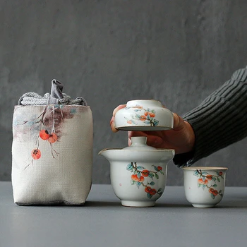 Преносим Керамичен чайник и комплект чаши, Китайски чайник за заваряване на чай, Отделни удобства за чайна церемония, чай комплект за пътуване, пот от две чаши
