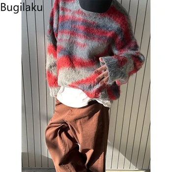 Пуловер в контрастен цвят в стил ретро Bugilaku за мъже и жени, новост 2023 г., когато вязаная яке American street мързел