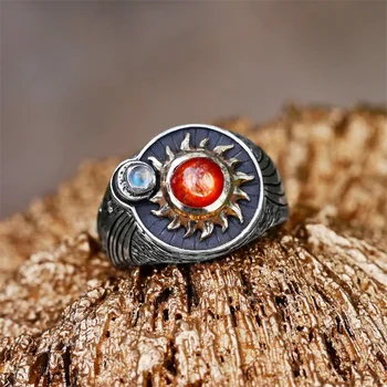 Ретро Женски Чар, Голямото Червено Слънце, кръгъл пръстен, Геометрични пръстени черен цвят За жени, Малко годежен пръстен със син камък, бижута
