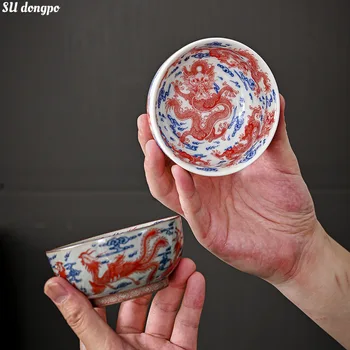 Стара глинена чаена чаша в стил Ретро, Чаена чаша с червен дракон и Фениксом, традиционен китайски стил, Чаша с девет Дракони, Чаша за чай