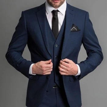 Тъмно сини Официални мъжки костюми и ревера, Изработена по поръчка на Бизнес сватбен костюм на Младоженеца за мъже, Яке + панталон + елек, терно