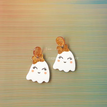 Уникални акрилни обеци с хубав привидением на Хелоуин, Творчески папийонка, Дамски обеци с анимационни лице на призрак, забавен подарък за нея