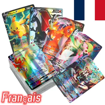 Френски картички с покемонами, аниме Пикачу Vmax V, Лъскава търговска картичка, подарък за рожден ден за деца