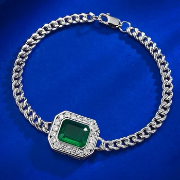 магазин Реколта са 100% сребро 925 Проба 8*10 мм, Emerald Скъпоценен камък, Елегантен Кубински гривна-верига за жени, бижута, подаръци за годишнина
